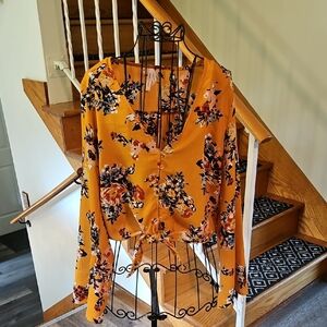 👚Live 4 Truth Mustard Floral Tie-Front Blouse